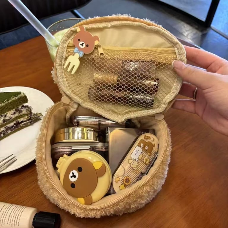 Cute Bear Head 3D Makeup Bag | Soft Lambswool Cosmetic Organizer thumbnail 7