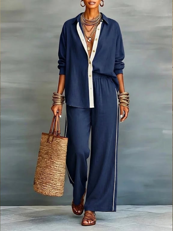 Women's Contrast-Color Casual Loose Pants Two-Piece Set | Comfy thumbnail 3