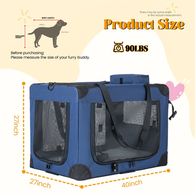 40   Soft Dog Crates Kennel, 3-Door Portable Folding Pet Carrier With Mesh Windows, Straps And Fleece Mat For Dogs, Cats, Rabbits, Meeting The Needs For Indoor, Outdoor, And Travel Use, Dark Blue thumbnail 10