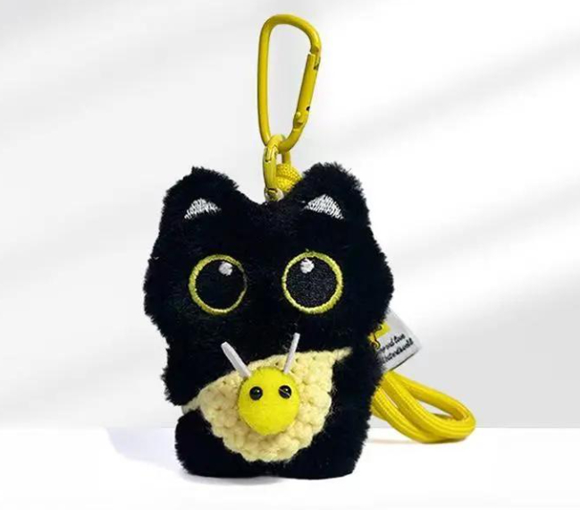 Black Cat Pendant Keychain with Bee Bib | Cute Plush Charm thumbnail 3
