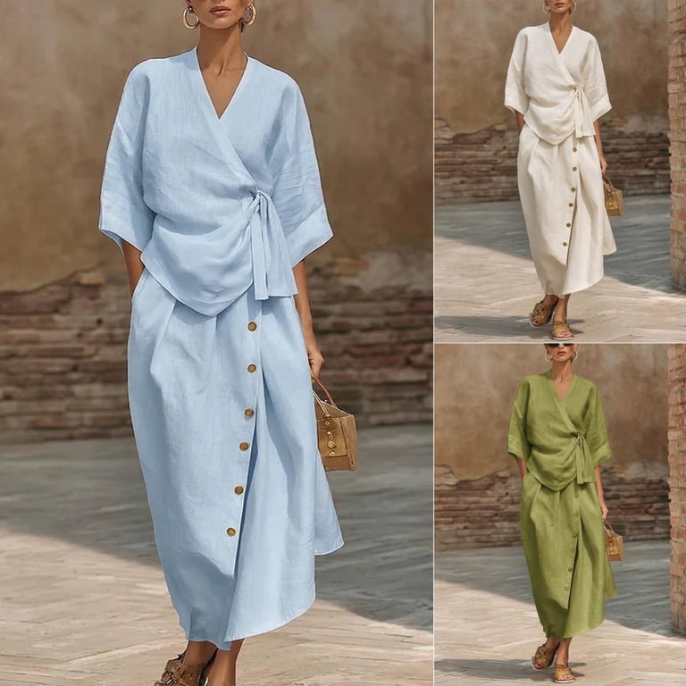 Women's Linen Two-Piece Set | Wrap Top & Button Skirt Canada thumbnail 11