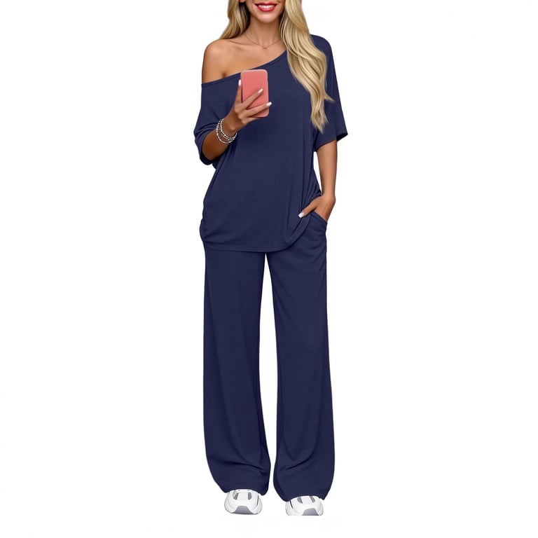 Off-Shoulder Loose Two-Piece Set | Wide-Leg Pants & Casual Top thumbnail 13