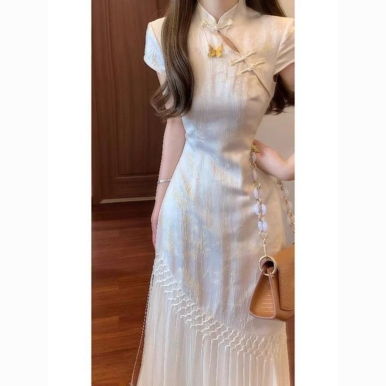 Chinese-Style Cheongsam Dress for Women | Elegant Cream Qipao thumbnail 2