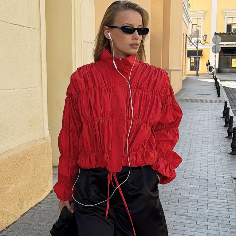 Red Pleated Stand-Collar Coat | Trendy Women's Fashion Top thumbnail 3
