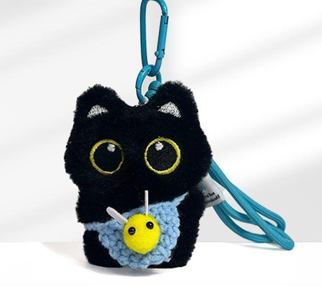 Black Cat Pendant Keychain with Bee Bib | Cute Plush Charm thumbnail 5