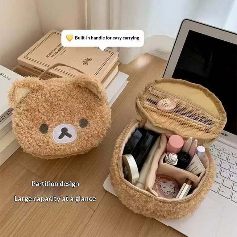 Cute Bear Head 3D Makeup Bag | Soft Lambswool Cosmetic Organizer thumbnail 10