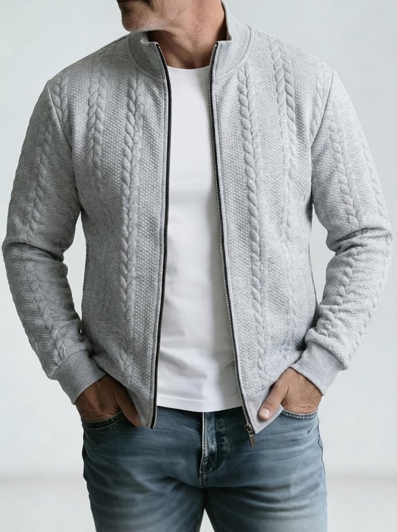 Men's Jacquard Stand-Neck Jacket | Textured Bomber Style Canada thumbnail 2