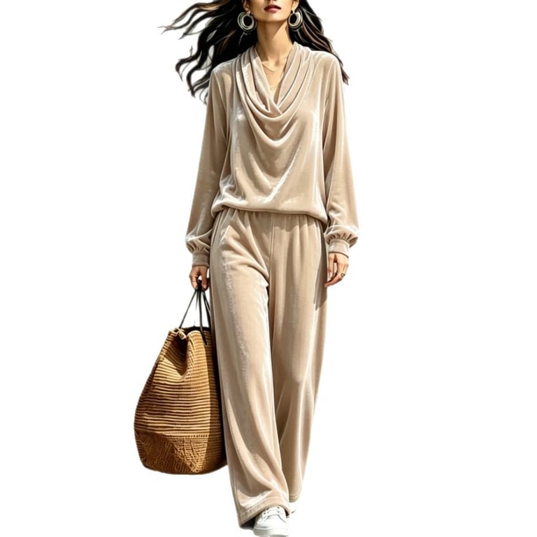 Women's Fall Winter Drop-Shoulder Velvet Top & Straight-Leg Pants Set - image 1