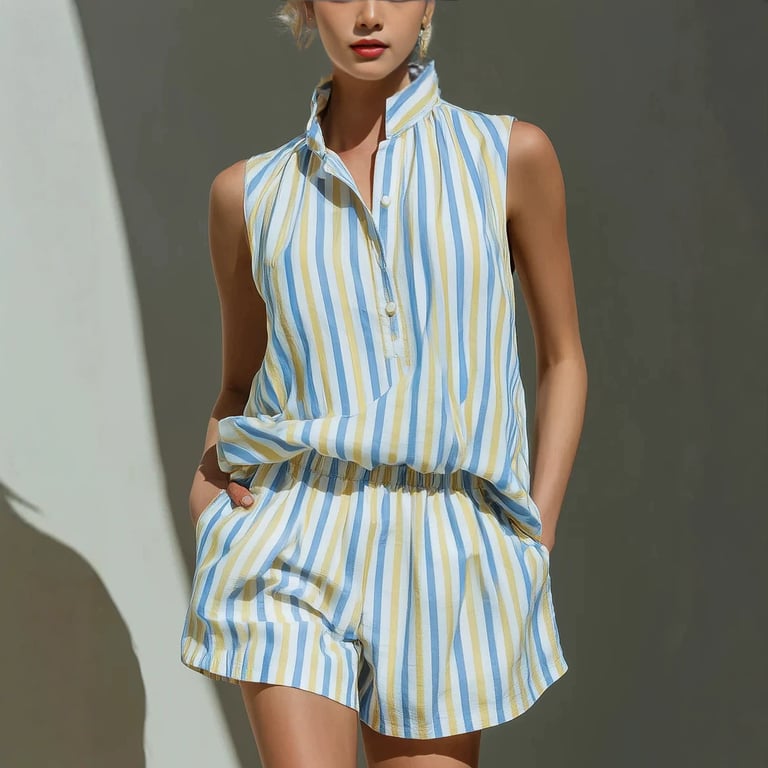 Sleeveless Striped Vest and Shorts Set | Casual Two-Piece Outfit thumbnail 1
