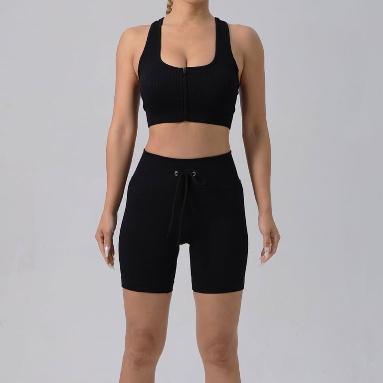Women's Padded Running Bra & Ribbed Shorts Yoga Set | Quick-Dry thumbnail 1