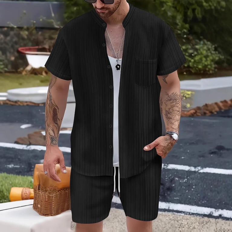Men's Casual Stand Collar Ribbed Shirt & Shorts Set | Two-Piece thumbnail 3