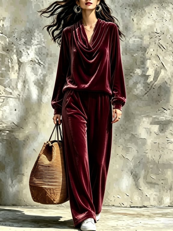 Women's Fall Winter Drop-Shoulder Velvet Top & Straight-Leg Pants Set thumbnail 18