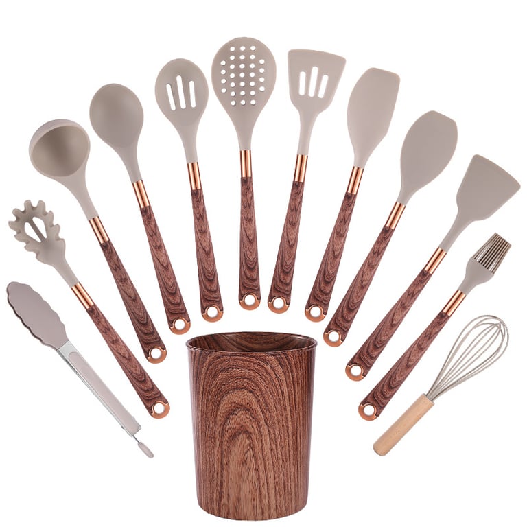 Silicone Wood-Grain Kitchen Utensil Set 12 Pieces Non-Stick Spatula thumbnail 1