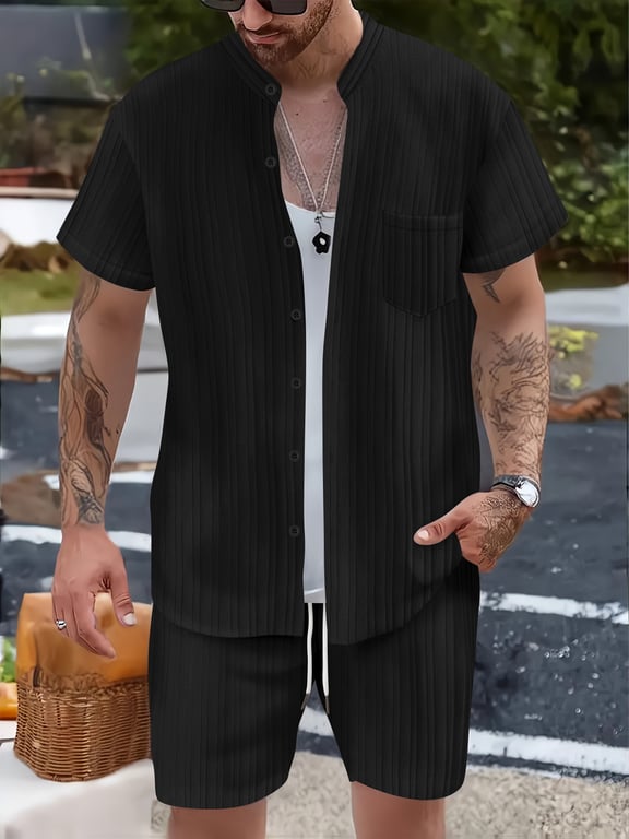 Men's Casual Stand Collar Ribbed Shirt & Shorts Set | Two-Piece thumbnail 2