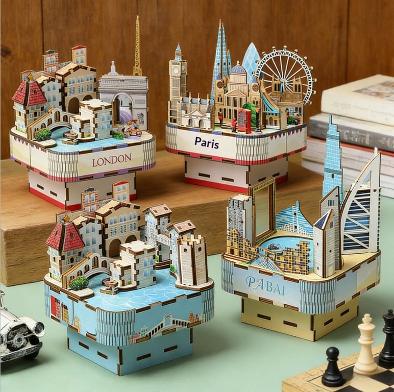 3D Wooden Puzzle Music Box | Handmade City Skyline Model thumbnail 2