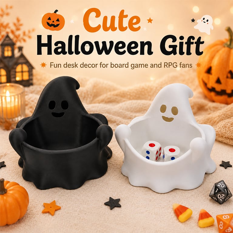 Cute Ghost Dice Holder Bowl, 3D Printed Tabletop Dice Storage Tray, Halloween Ghost Decor For RPG Board Game Fans thumbnail 3
