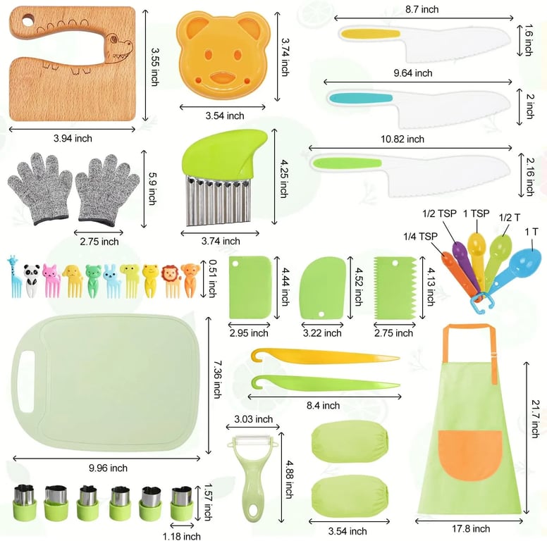 50PCS Kids Kitchen Cooking Set - Crocodile Wooden Kid Safe Knife Cutting Board Apron Gloves Fruit Vegetable Crinkle Cutters Peeler Serrated Edges Plastic Toddlers Knives, Kids Knifes for Real Cooking - image 1