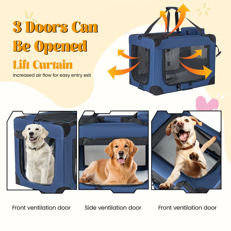 40   Soft Dog Crates Kennel, 3-Door Portable Folding Pet Carrier With Mesh Windows, Straps And Fleece Mat For Dogs, Cats, Rabbits, Meeting The Needs For Indoor, Outdoor, And Travel Use, Dark Blue thumbnail 11