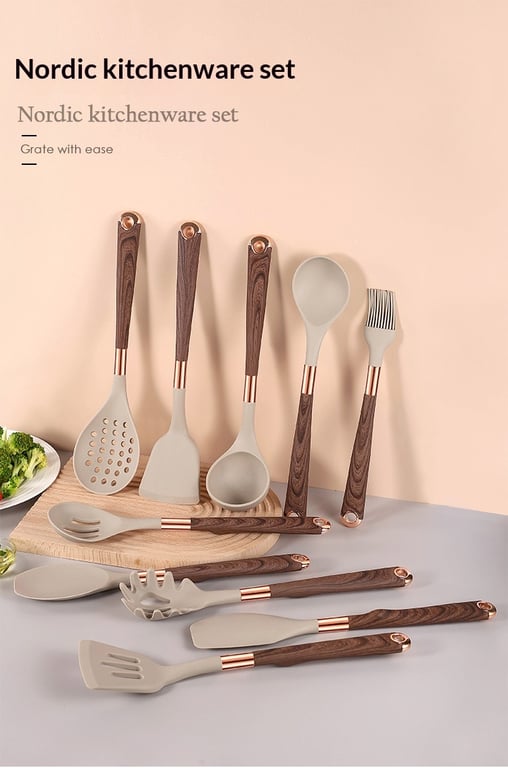 Silicone Wood-Grain Kitchen Utensil Set 12 Pieces Non-Stick Spatula thumbnail 8