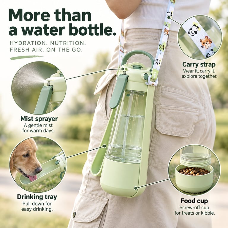 3-in-1 Dog Water Bottle with Mist Sprayer & Food Storage | Pet Travel Dispenser thumbnail 9