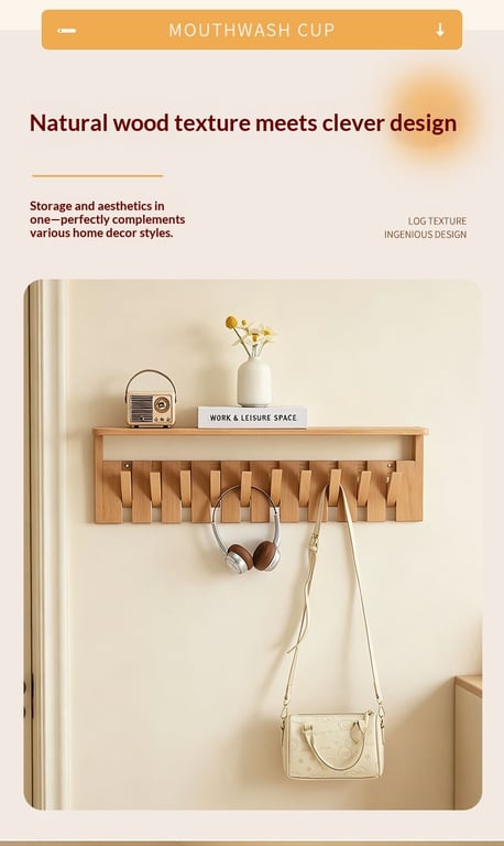 Solid Wood Coat Rack with Piano Keys | Modern Wall Mount Storage thumbnail 9