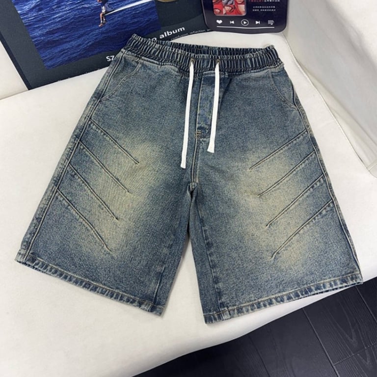 Washed Wrinkle-Effect Denim Shorts for Men | Casual Mid-Length thumbnail 5