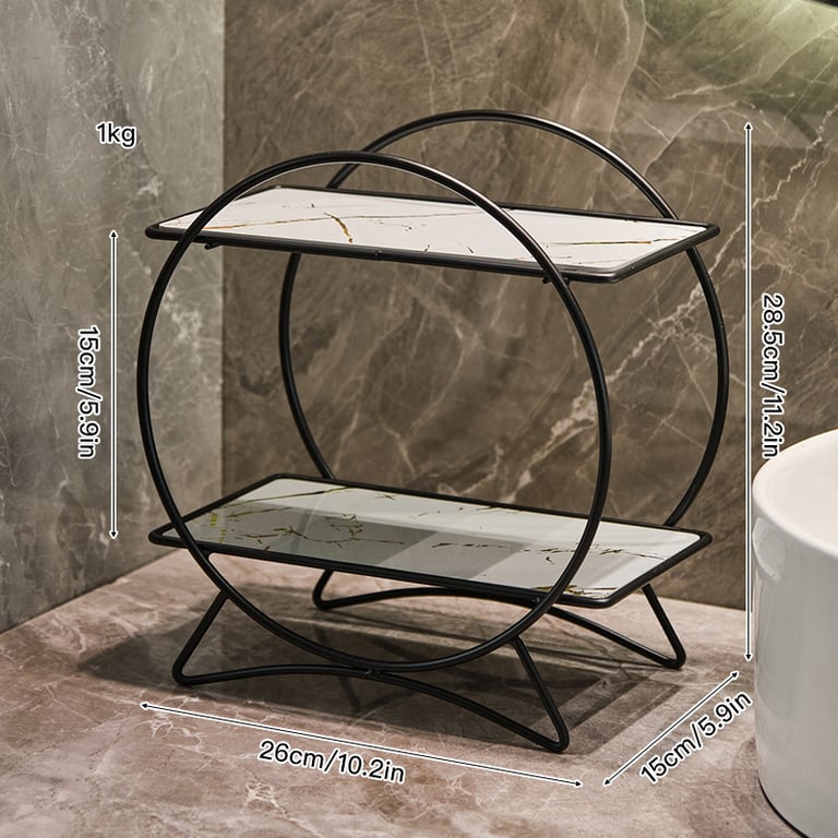 Double-Layer Bathroom Storage Organizer | Marble Caddy with Metal Frame thumbnail 5