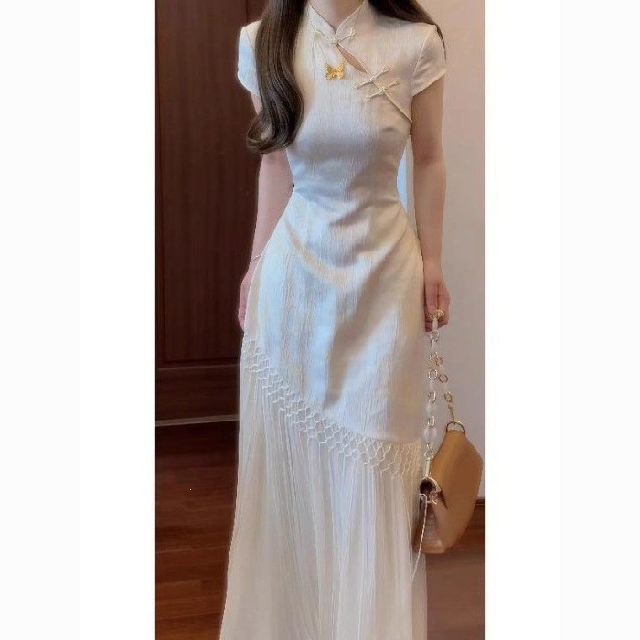 Chinese-Style Cheongsam Dress for Women | Elegant Cream Qipao thumbnail 6