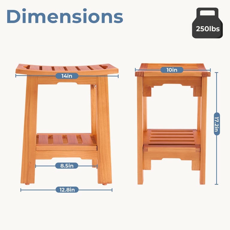 18-Inch Solid Wood Bathroom Stool with Shelf | Shower & Vanity thumbnail 8
