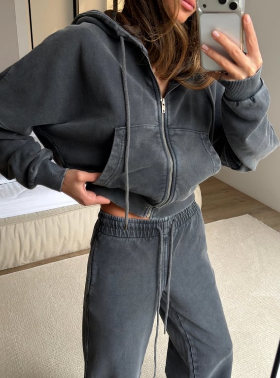 Women's Washed Hoodie Two-Piece Set | Cropped Hoodie & Wide-Leg Pants thumbnail 12