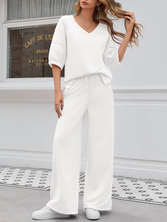 Women's 2 Piece Wide Leg Tracksuit Set | V Neck Casual Workout thumbnail 15