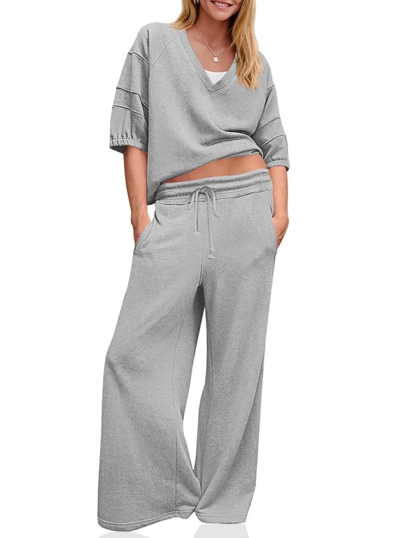 Women's 2 Piece Wide Leg Tracksuit Set | V Neck Casual Workout thumbnail 19