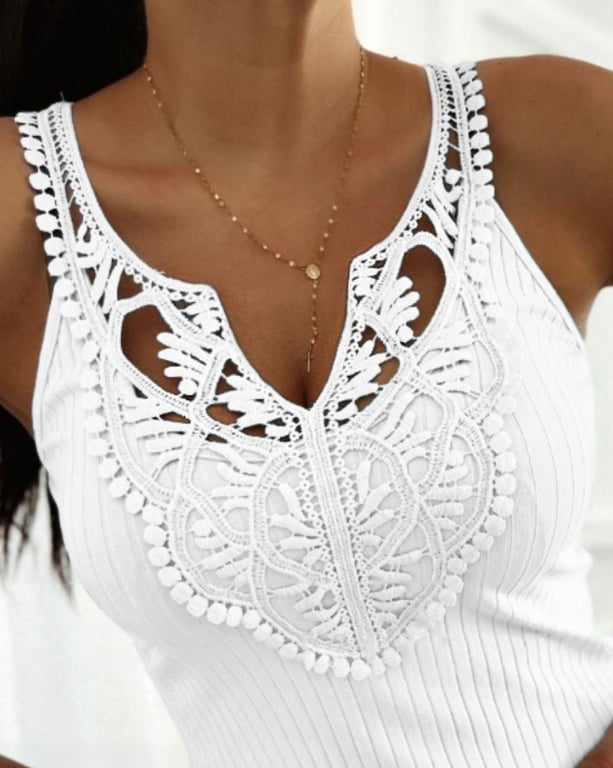 Slim-Fit V-Neck Tank Top with Lace Detail | Ribbed Cotton Blend thumbnail 4