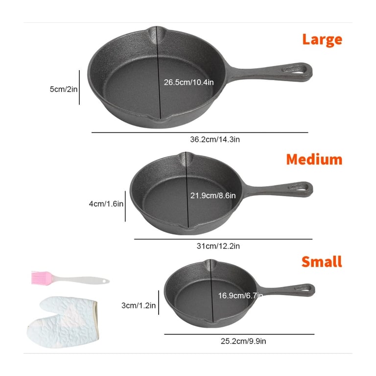 3-Piece Cast Iron Skillet Set | Pre-Seasoned Non-Stick Frying Pans thumbnail 8