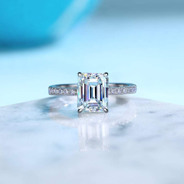 S925 Sterling Silver Four-Claw Moissanite Ring | Emerald-Cut Wedding Band - image 1