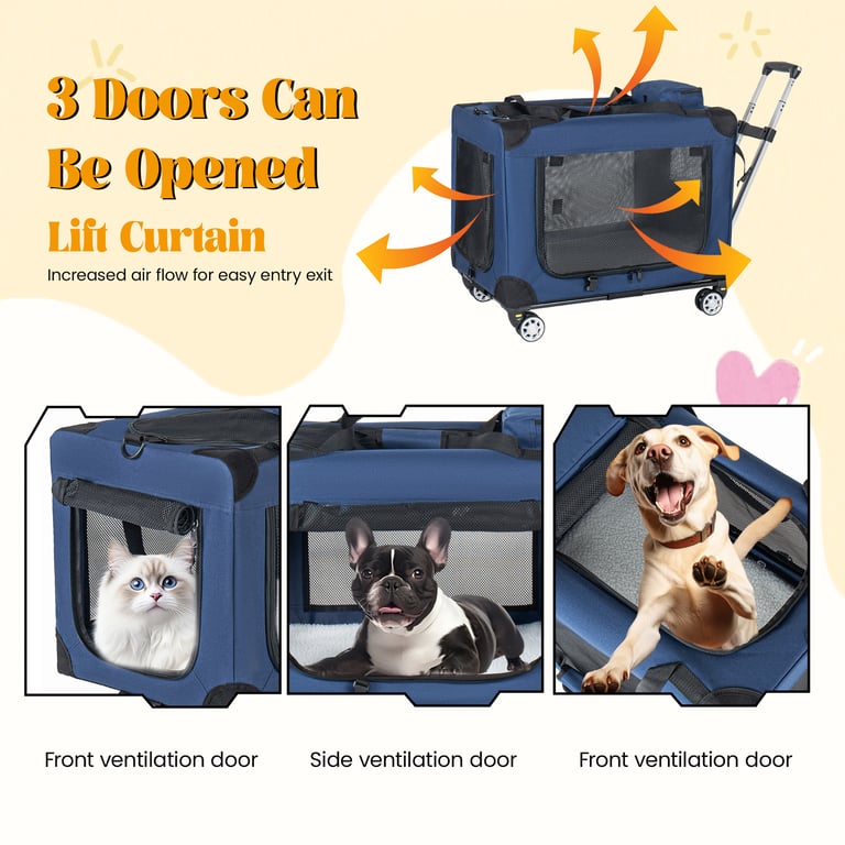 2 In 1, 24   Collapsible Travel Dog Crate For Medium Large Dogs, Rolling Pet Carrier With Wheels, 3-Door Portable Folding Pet Kennel With Mesh Windows, Indoor Outdoor Travel Use, Dark Blue thumbnail 10