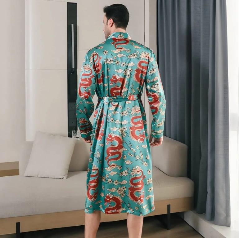Men's Ice-Silk Dragon Print Long-Sleeve Loungewear Nightgown | Cooling Robe thumbnail 4
