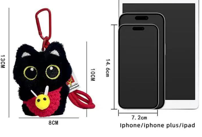 Black Cat Pendant Keychain with Bee Bib | Cute Plush Charm thumbnail 15