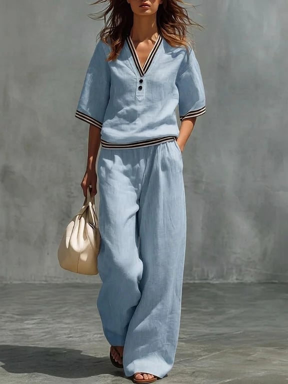 Cotton-Linen V-Neck Shirt & Pants Set | Casual Comfort thumbnail 14