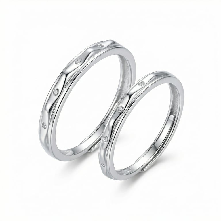 925 Sterling Silver Wavy Bands with Diamond Accents | Matching Rings