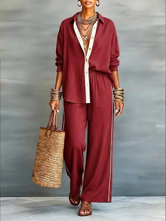 Women's Contrast-Color Casual Loose Pants Two-Piece Set | Comfy thumbnail 2