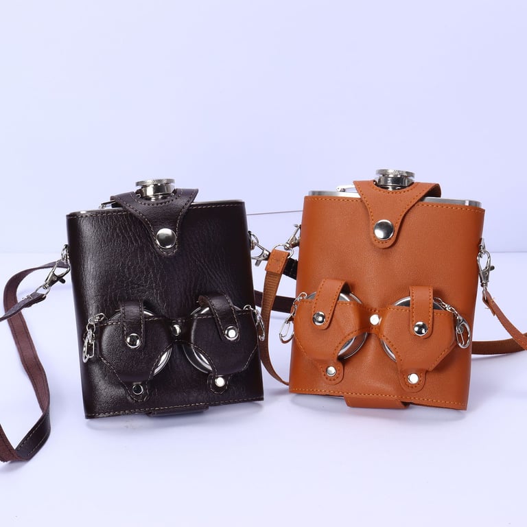 Portable Backpack Flask Sleeve with Telescoping Cups | Leather thumbnail 4