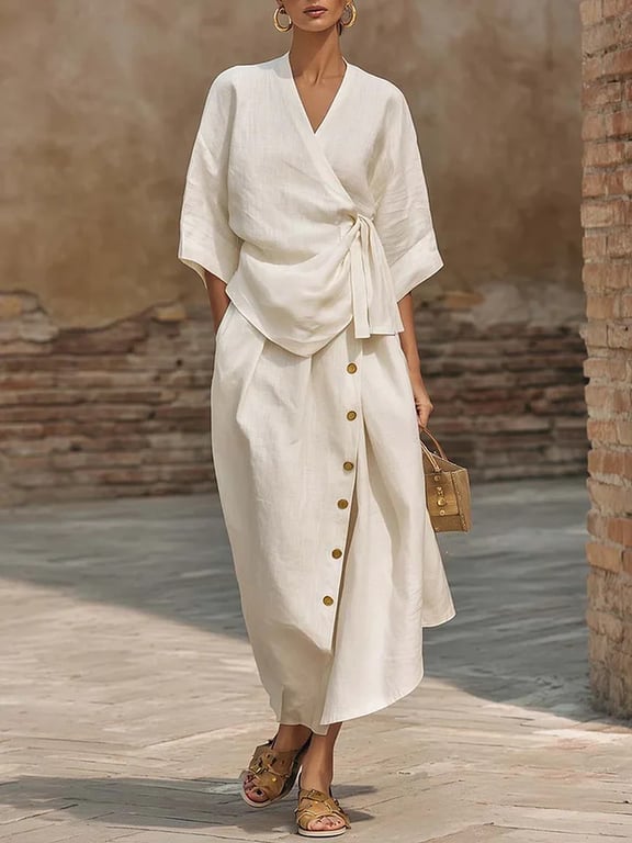 Women's Linen Two-Piece Set | Wrap Top & Button Skirt Canada thumbnail 4
