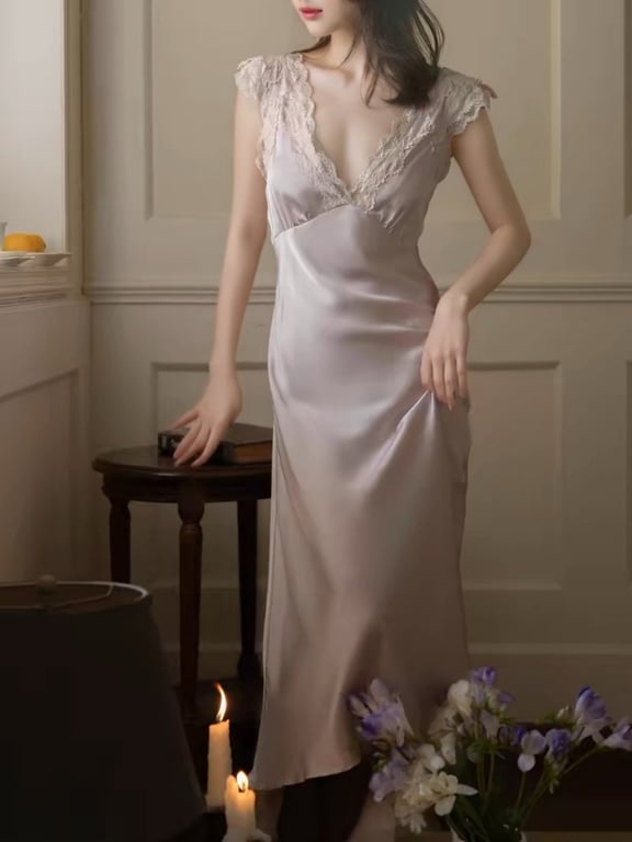 Slim-Fit French-Style Ice-Silk Long Nightgown | Lace Trim thumbnail 4