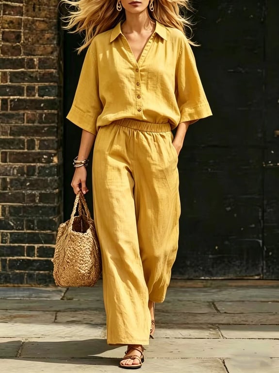 Women's Linen Two-Piece Set | Short-Sleeve Shirt & Loose Pants thumbnail 5