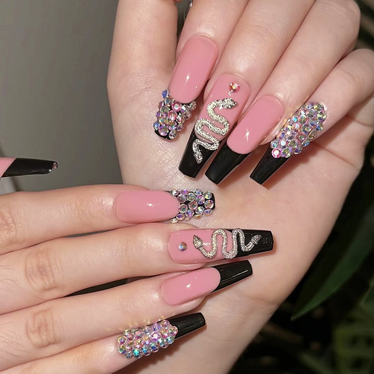 24 PCS Diamond Snake Coffin Press-On Nails | Rhinestone Nail Art thumbnail 9