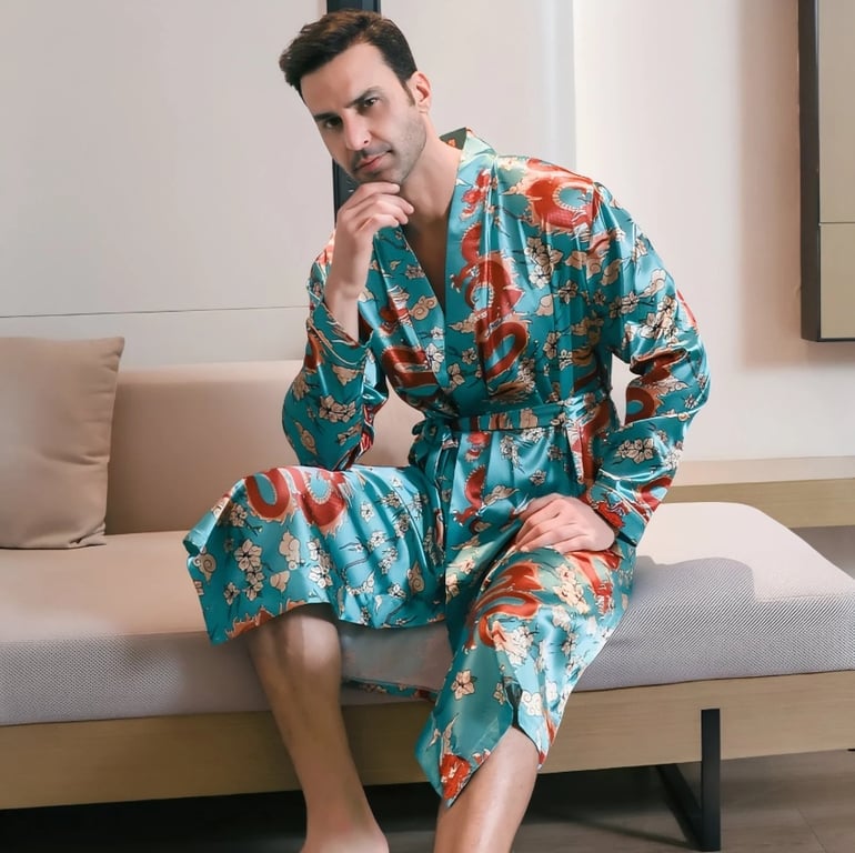 Men's Ice-Silk Dragon Print Long-Sleeve Loungewear Nightgown | Cooling Robe thumbnail 10
