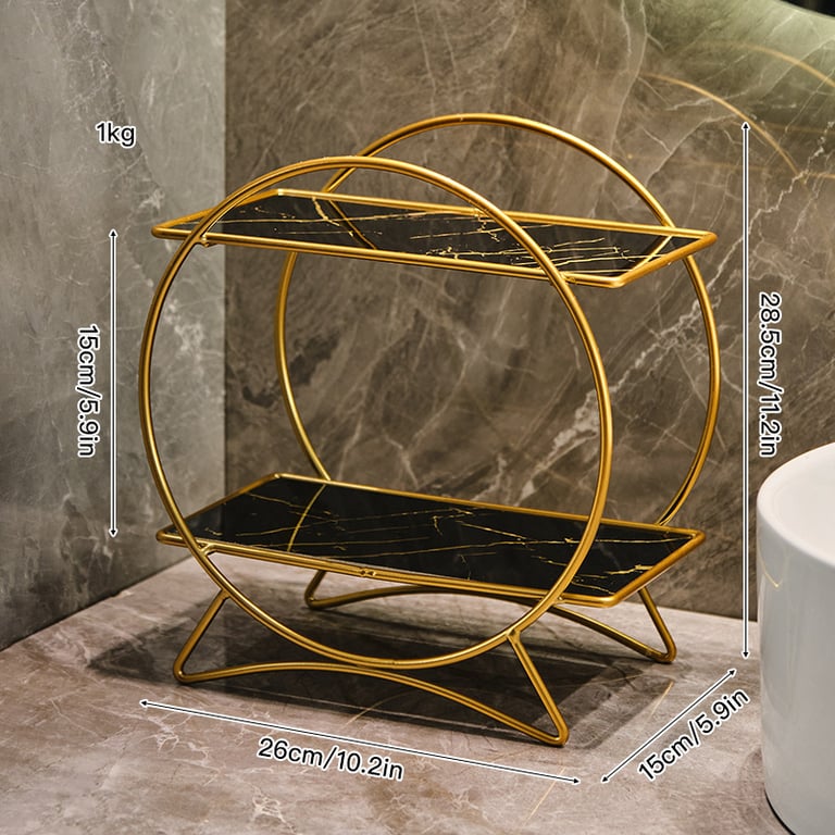 Double-Layer Bathroom Storage Organizer | Marble Caddy with Metal Frame thumbnail 6