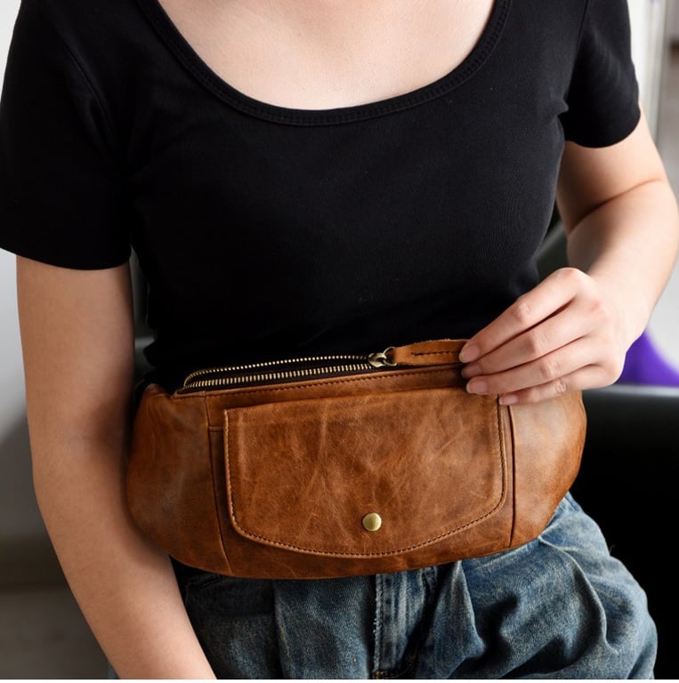 Retro Casual Vegetable Tanned Full-grain Leather Cowhide Chest Bag | Home & Kitchen thumbnail 12