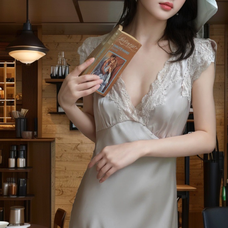 Slim-Fit French-Style Ice-Silk Long Nightgown | Lace Trim thumbnail 10